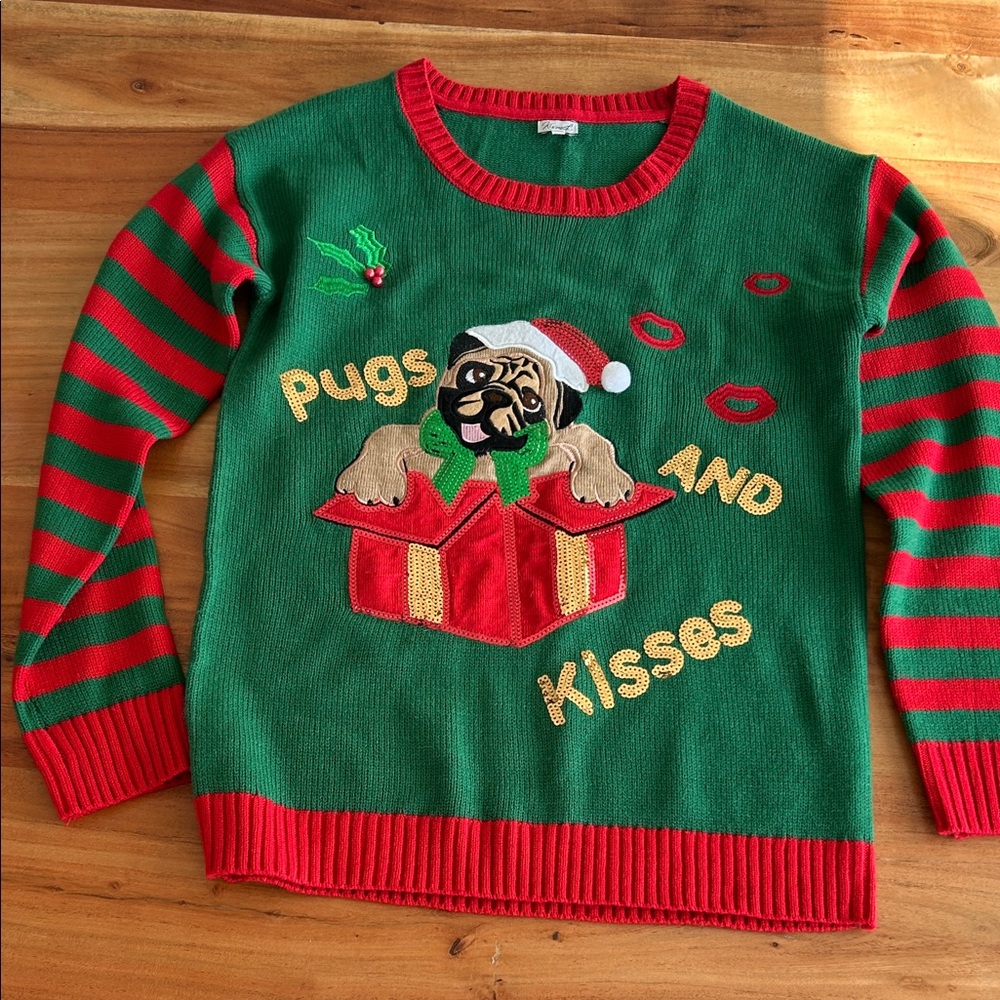 Kismet Pugs and Kisses Red and Green Ugly Christmas Sweater Women’s Medium